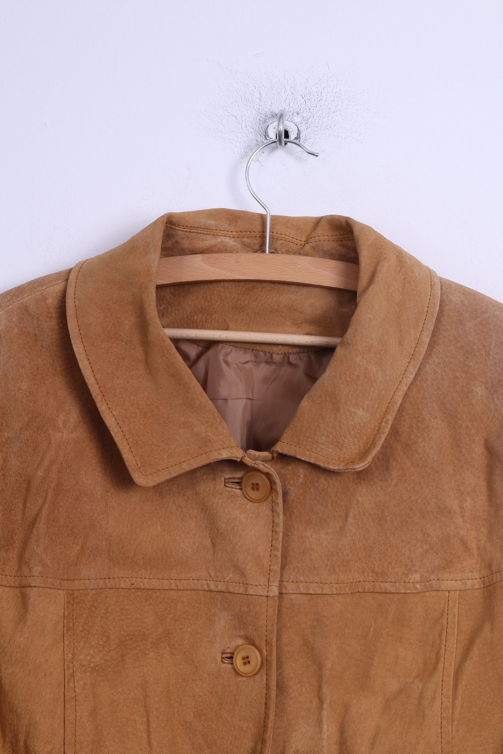 Womens UK 20 46 XL Leather Jacket Camel Single Breasted Shoulder Pads Retro Coat