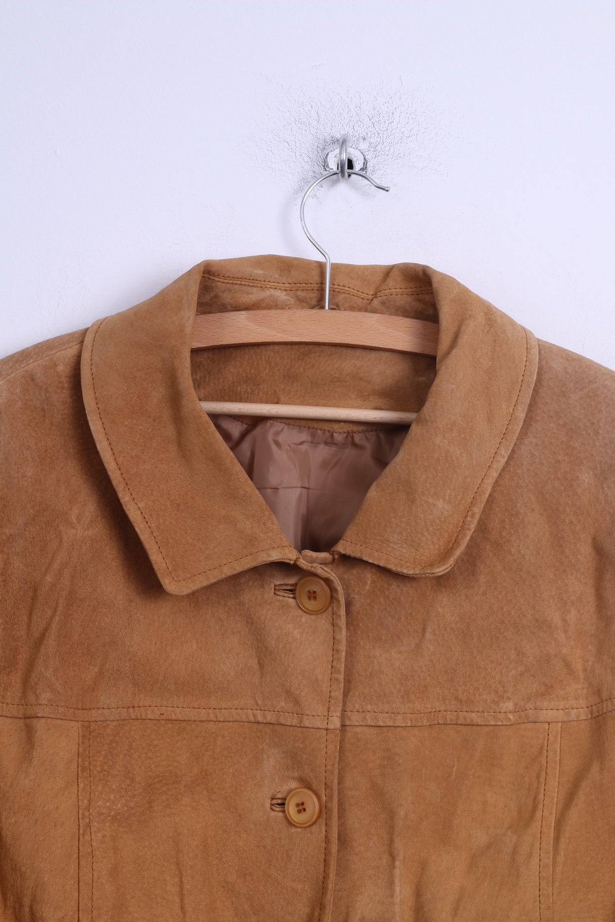 Womens UK 20 46 XL Leather Jacket Camel Single Breasted Shoulder Pads Retro Coat