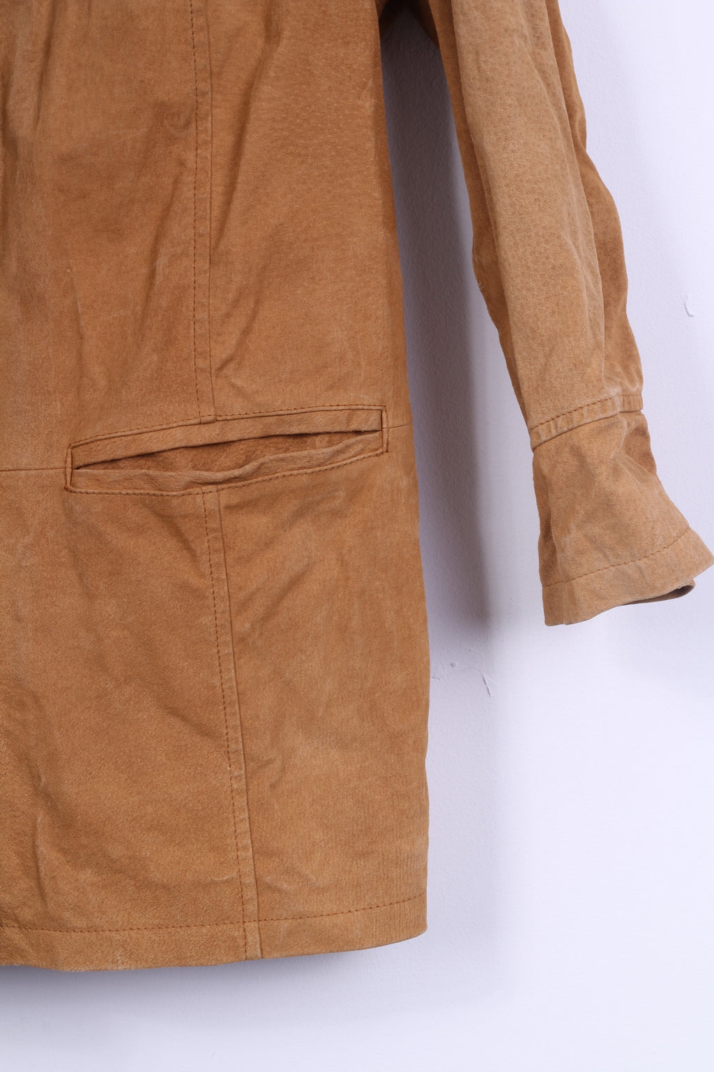 Womens UK 20 46 XL Leather Jacket Camel Single Breasted Shoulder Pads Retro Coat