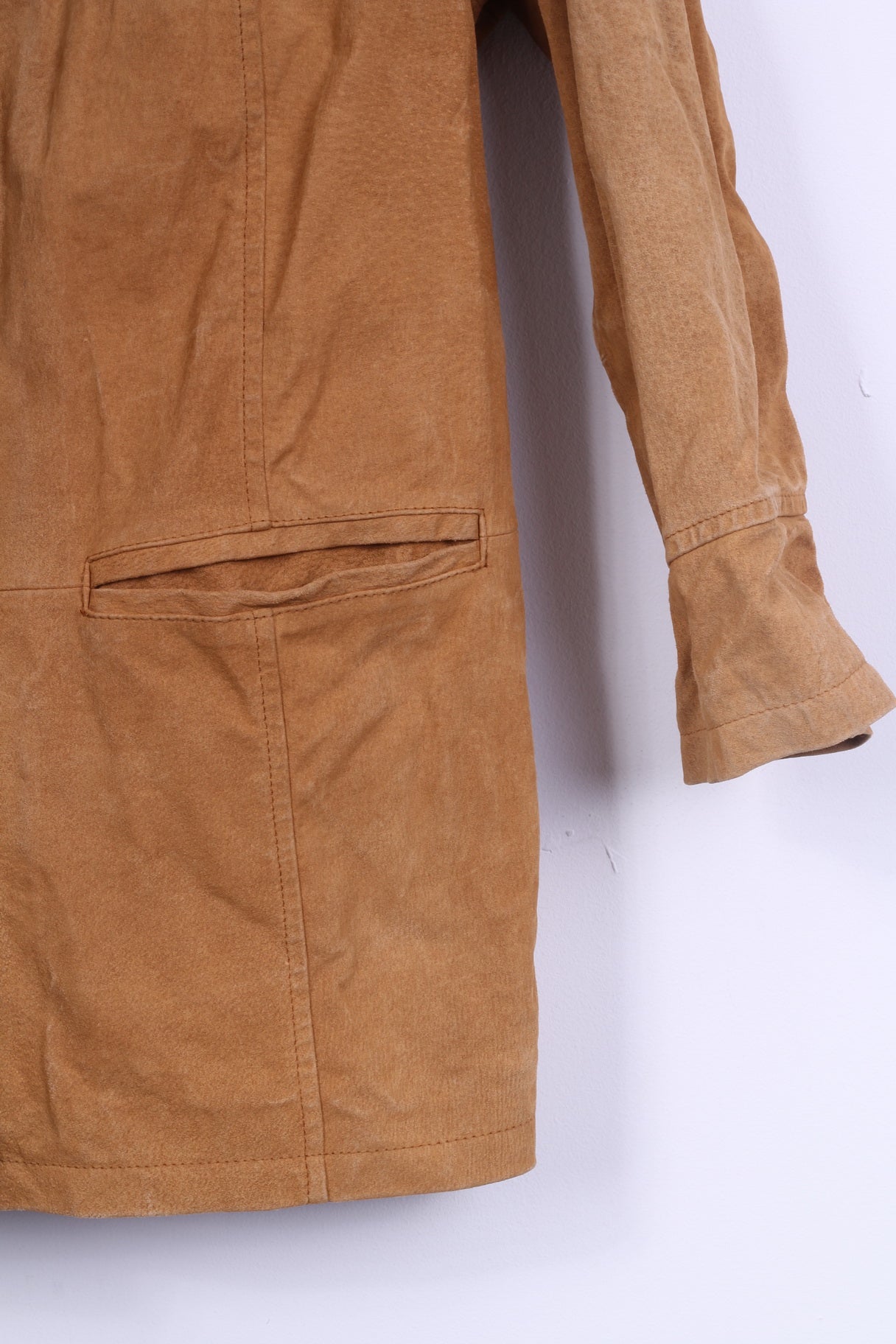 Womens UK 20 46 XL Leather Jacket Camel Single Breasted Shoulder Pads Retro Coat