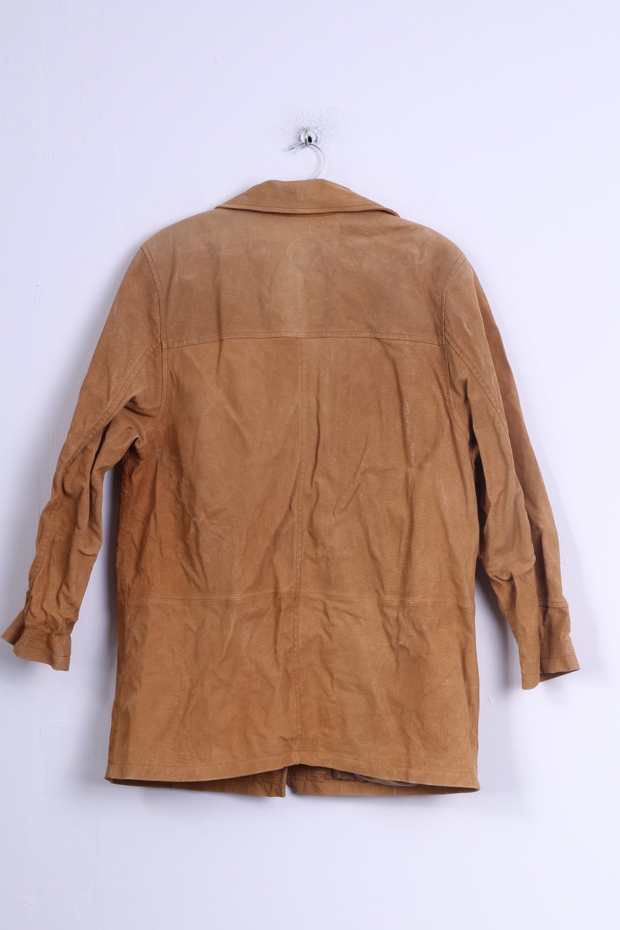 Womens UK 20 46 XL Leather Jacket Camel Single Breasted Shoulder Pads Retro Coat