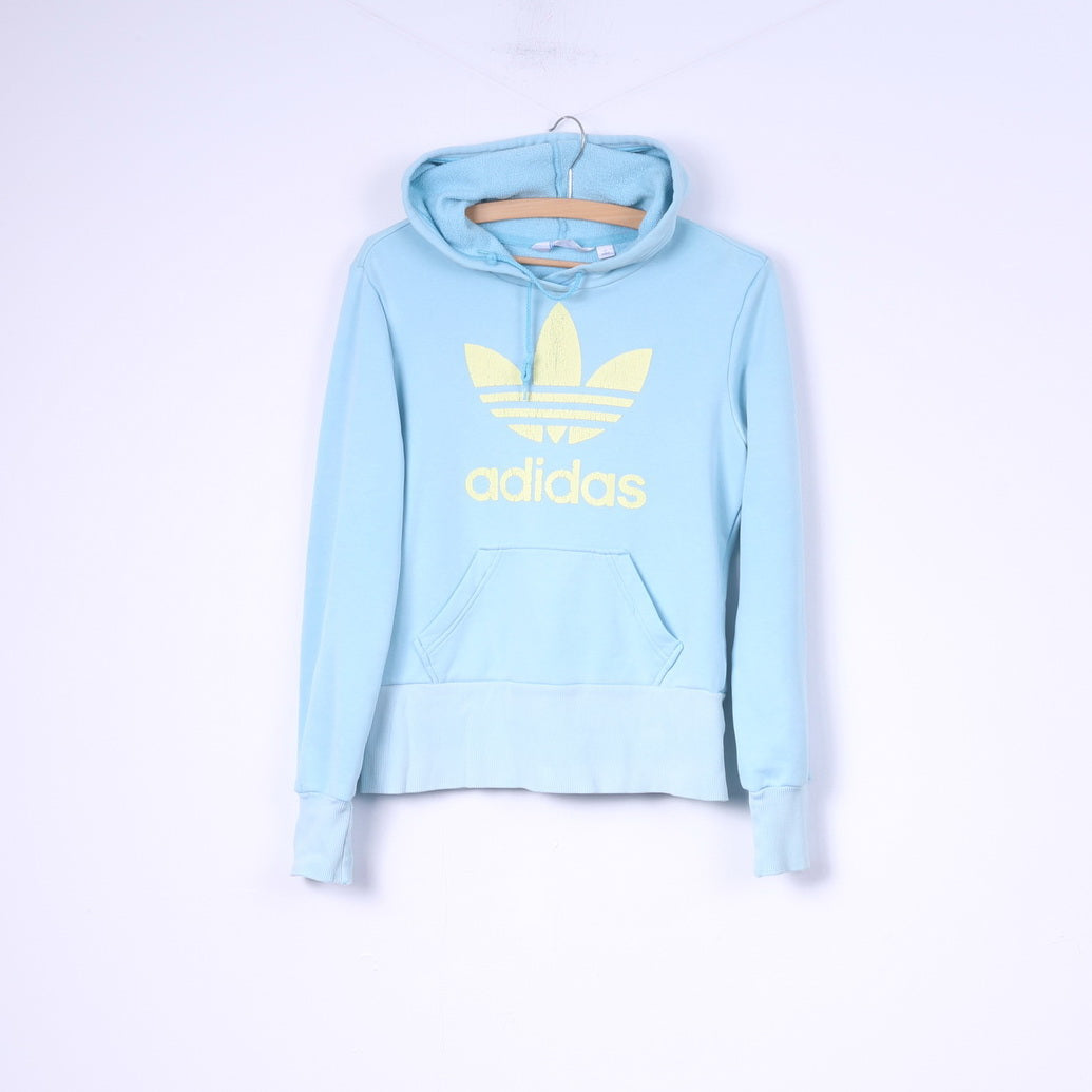 Adidas Womens 14 M Sweatshirt Hooded Light Blue Yellow Logo Sportswear Top