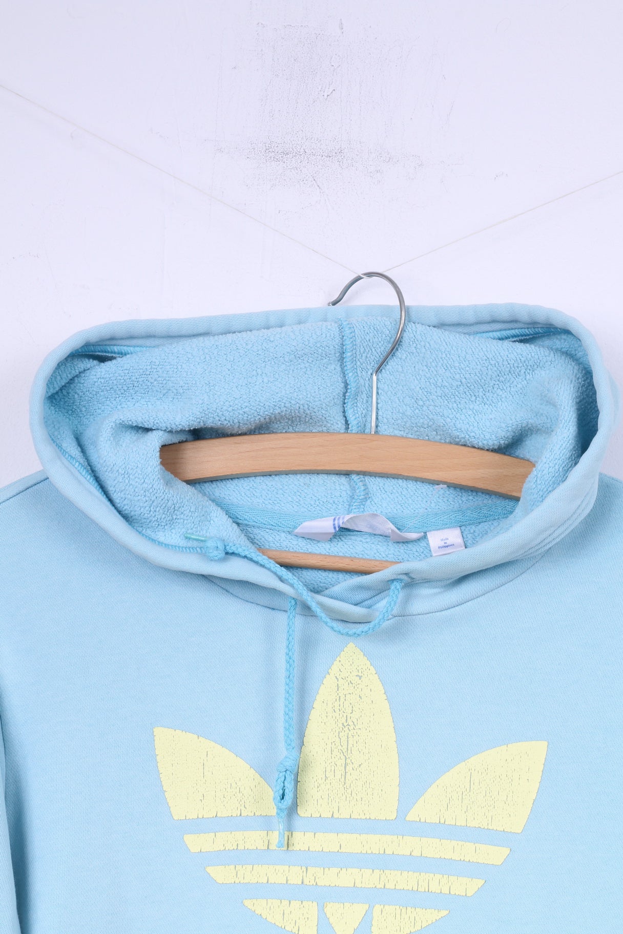 Adidas Womens 14 M Sweatshirt Hooded Light Blue Yellow Logo Sportswear Top