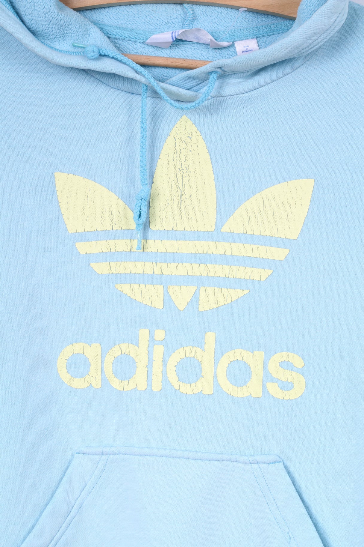 Adidas Womens 14 M Sweatshirt Hooded Light Blue Yellow Logo Sportswear Top