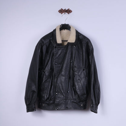 Vintage Men L Jacket Black Vintage Bomber Leather Sherling Lined Snaps Biker Top