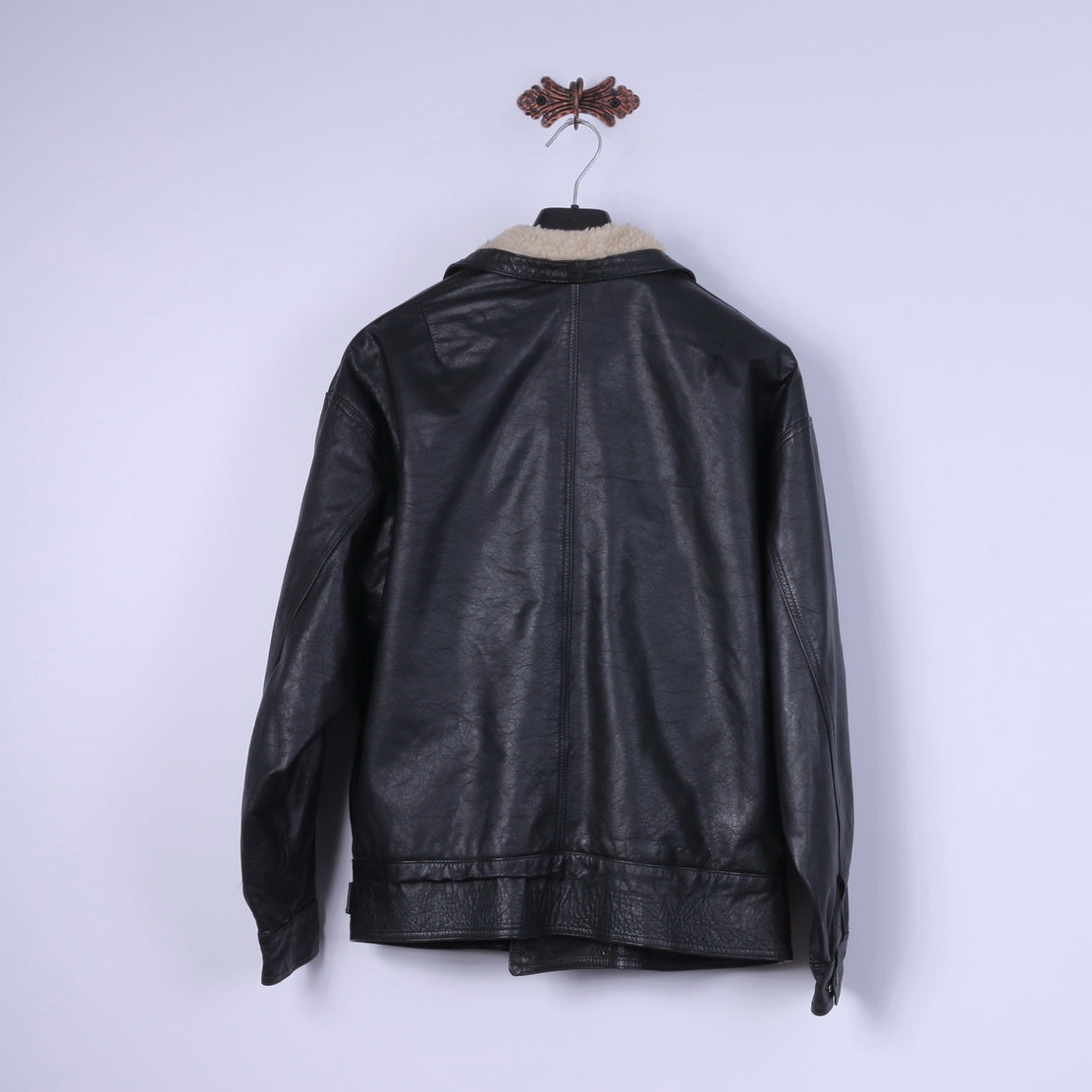 Vintage Men L Jacket Black Vintage Bomber Leather Sherling Lined Snaps Biker Top