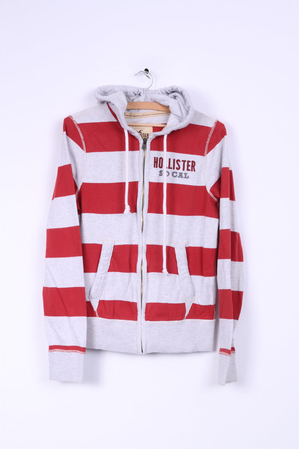 Hollister Mens S Sweatshirt Grey Striped Cotton Stretch Hoodie Zip Up Top
