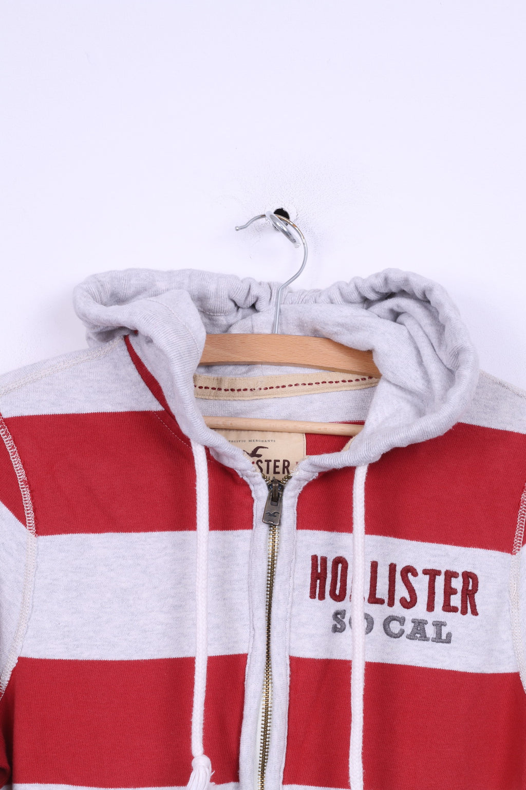 Hollister Mens S Sweatshirt Grey Striped Cotton Stretch Hoodie Zip Up Top