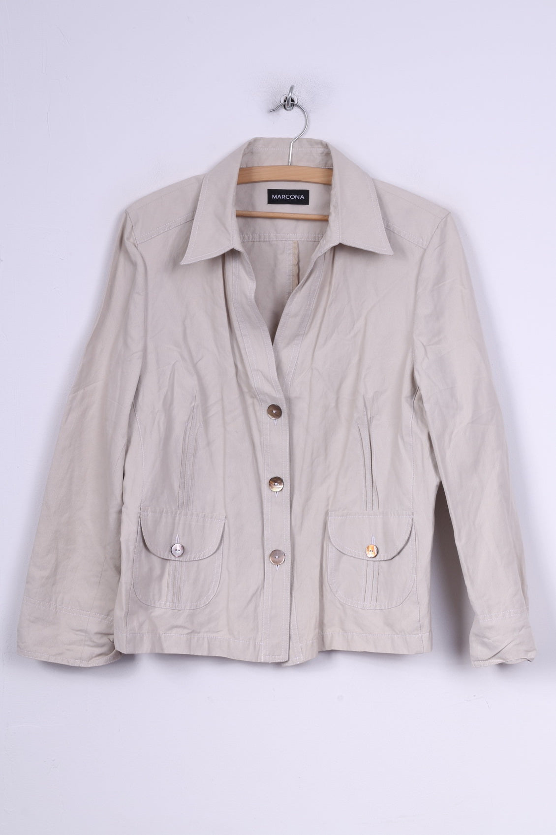 Marcona Womens 42 L Blazer Jacket Cream Single Breasted Pocket Cotton