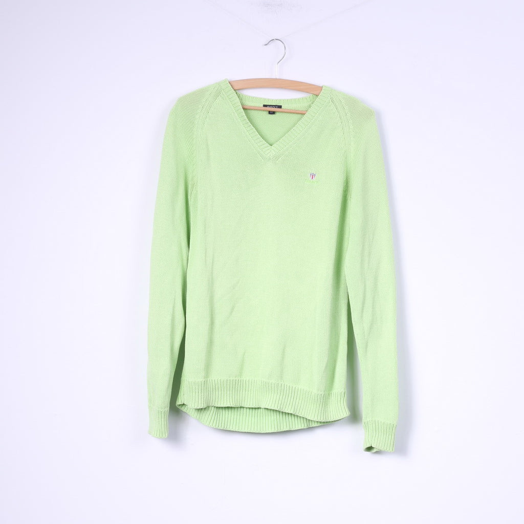 Gant Womens L Jumper Neon Green Sweater V Neck Cotton Top