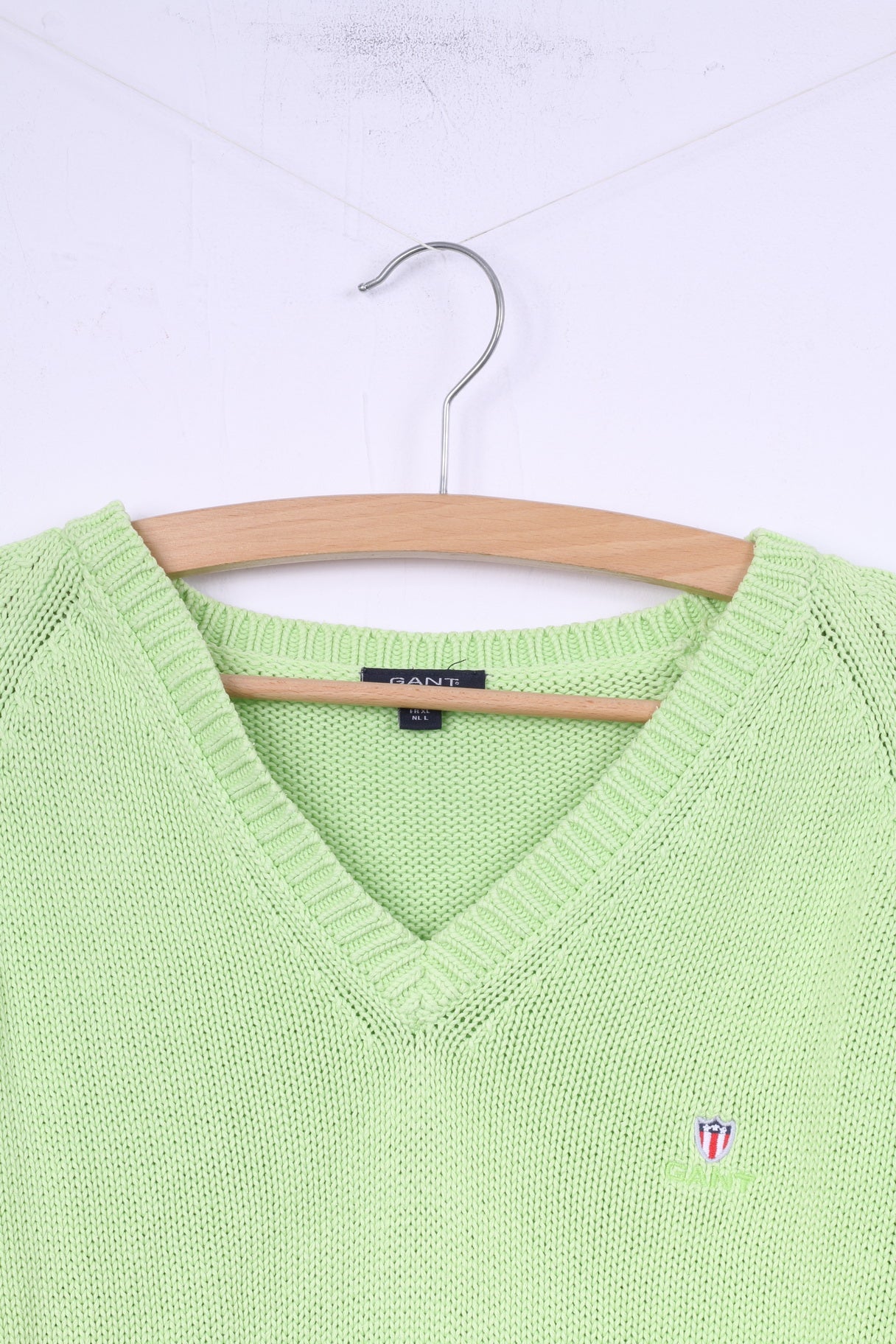 Gant Womens L Jumper Neon Green Sweater V Neck Cotton Top