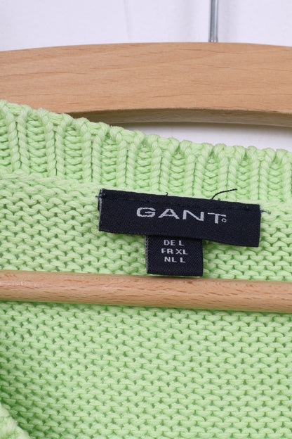 Gant Womens L Jumper Neon Green Sweater V Neck Cotton Top