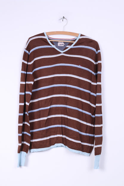 Maglione Hilfiger Denim da uomo XL (L) maglione leggero in misto cotone e lino a righe marroni con scollo a V
