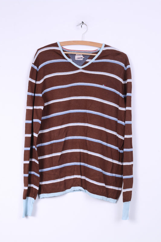 Hilfiger Denim Mens XL (L) Jumper Brown Striped V Neck Linen Cotton Blend Light Sweater