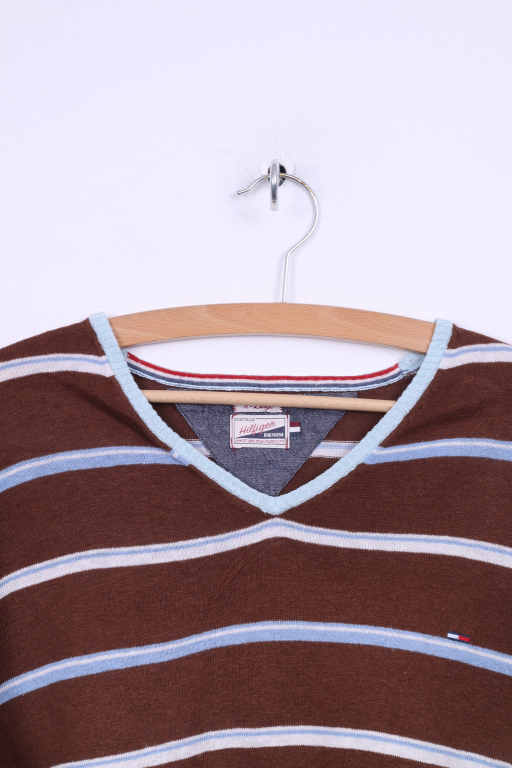 Maglione Hilfiger Denim da uomo XL (L) maglione leggero in misto cotone e lino a righe marroni con scollo a V