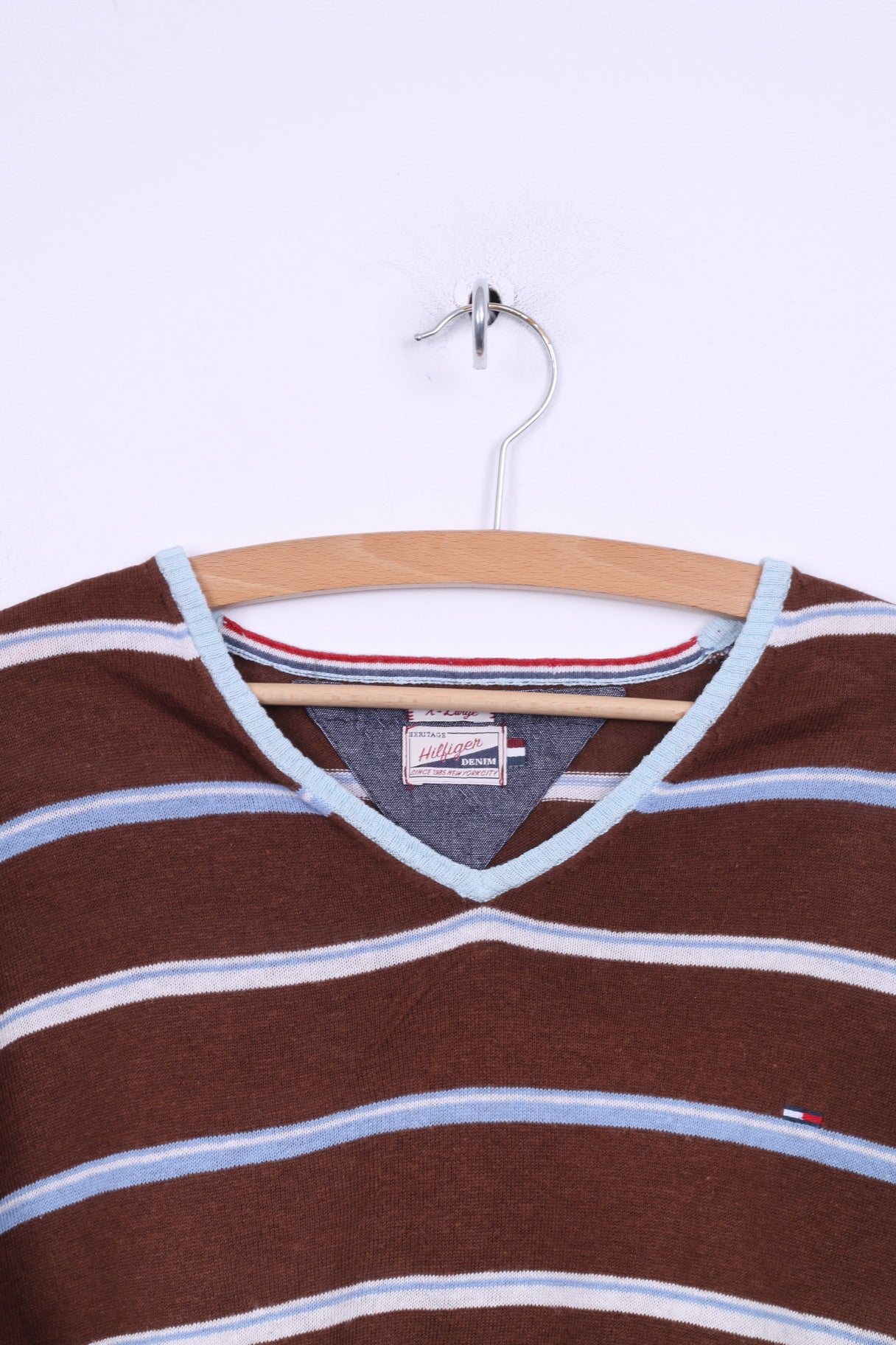 Maglione Hilfiger Denim da uomo XL (L) maglione leggero in misto cotone e lino a righe marroni con scollo a V