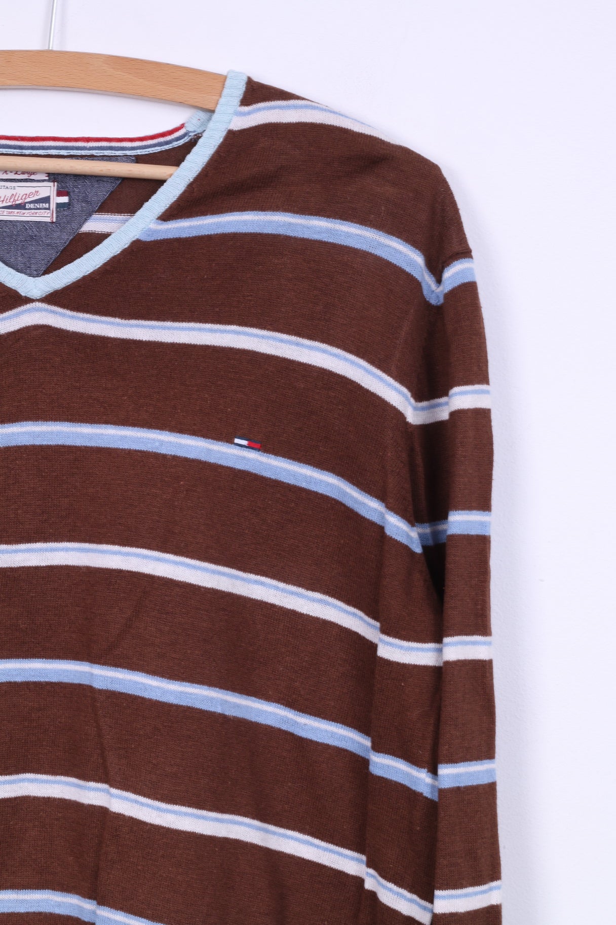 Hilfiger Denim Mens XL (L) Jumper Brown Striped V Neck Linen Cotton Blend Light Sweater
