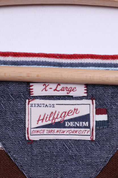 Maglione Hilfiger Denim da uomo XL (L) maglione leggero in misto cotone e lino a righe marroni con scollo a V