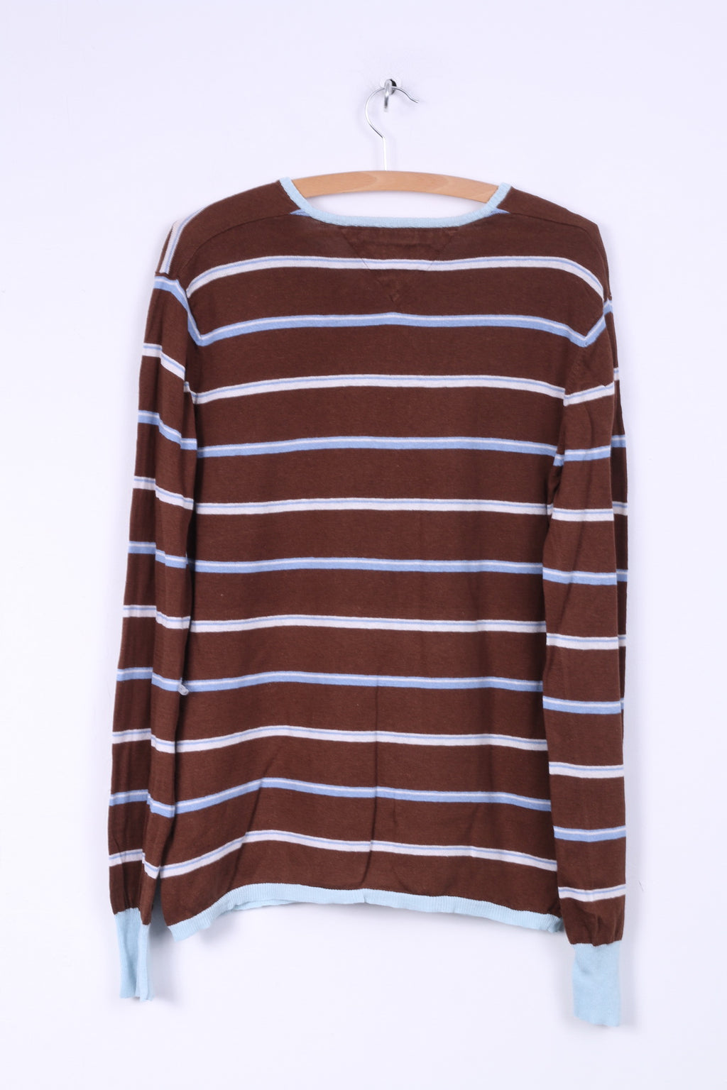 Maglione Hilfiger Denim da uomo XL (L) maglione leggero in misto cotone e lino a righe marroni con scollo a V