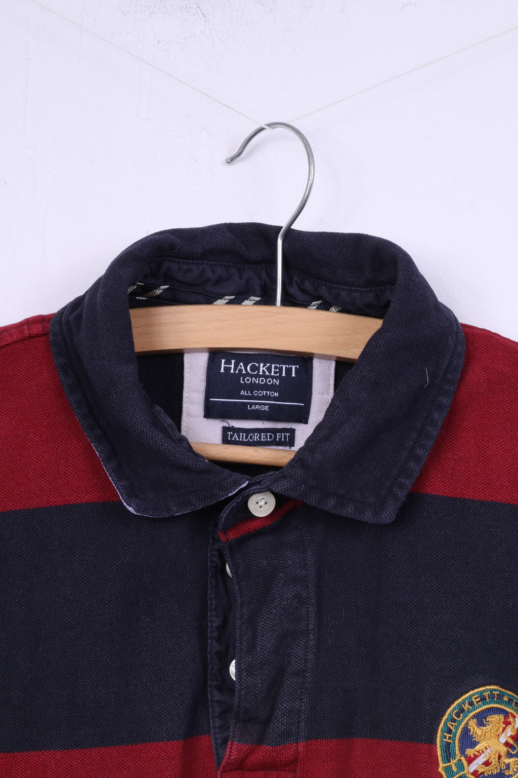 Hackett London Mens L (M) Polo Shirt Striped Navy Red Tailored Fit Cotton Top