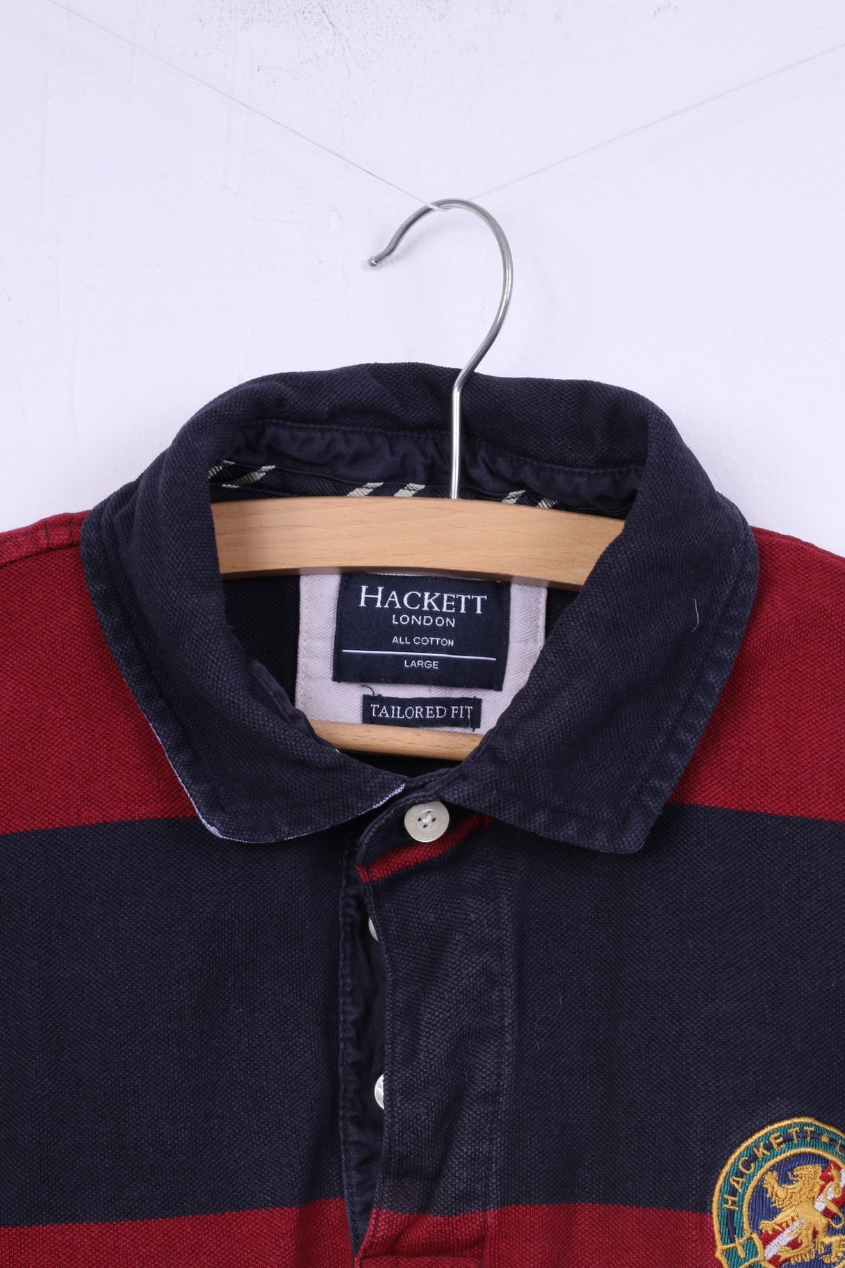 Hackett London Mens L (M) Polo Shirt Striped Navy Red Tailored Fit Cotton Top