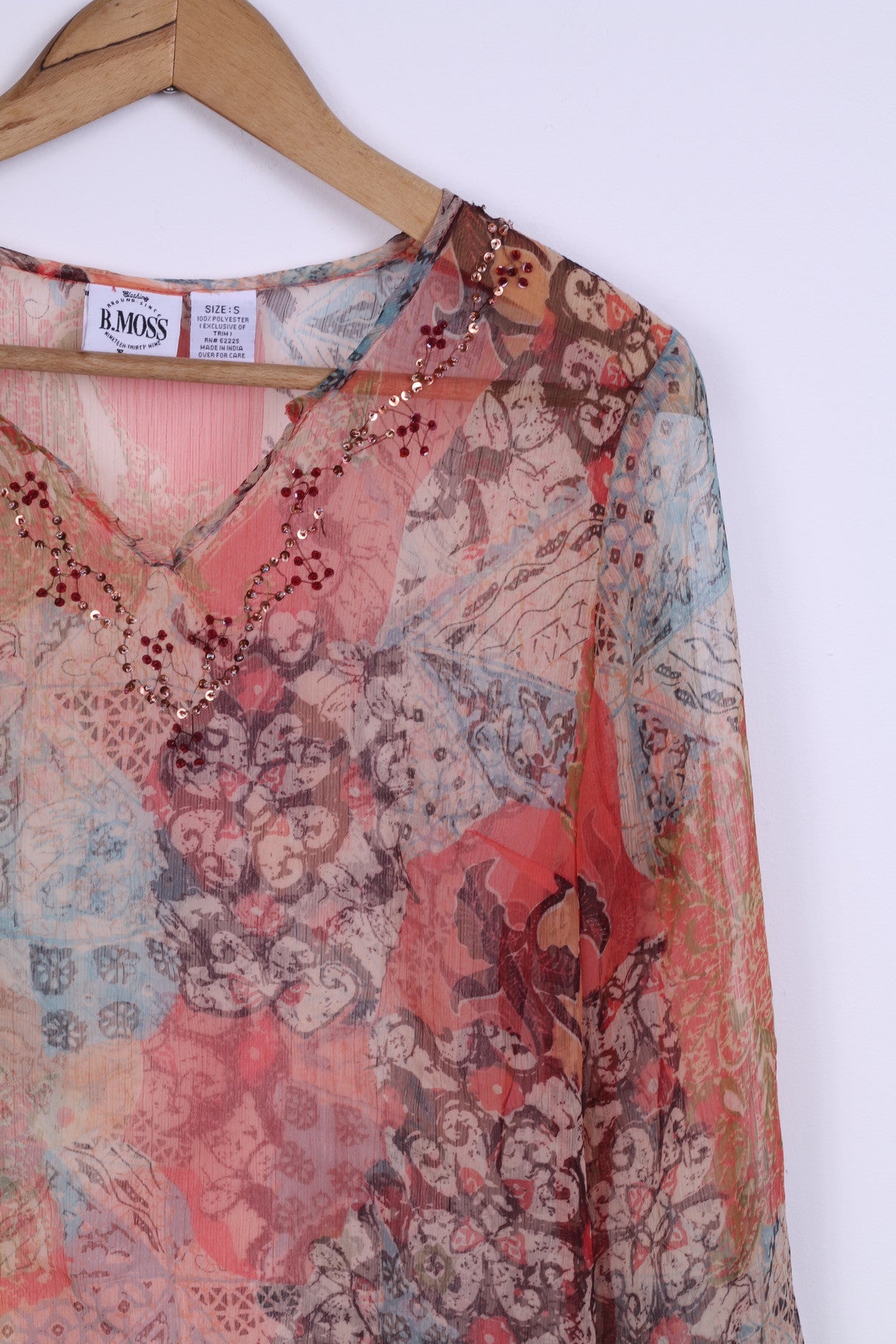 B.MOSS Chemise S à manches longues pour femme Transparent Boho vintage