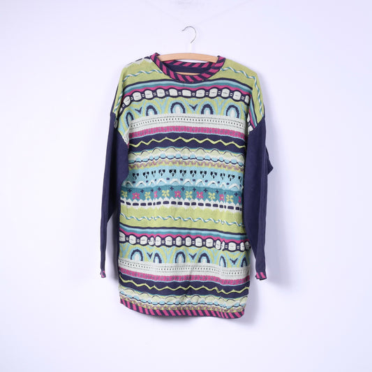 Top vintage da donna XL maglione lungo prugna multi stampato maglione girocollo 