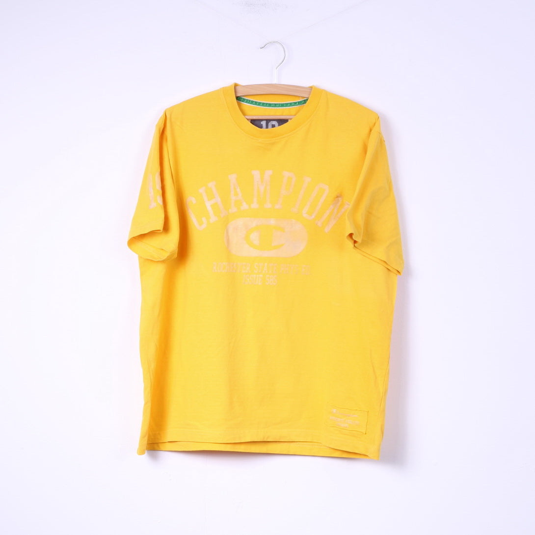 Champion Mens L Graphic T-Shirt Yellow Cotton Top Crew Neck