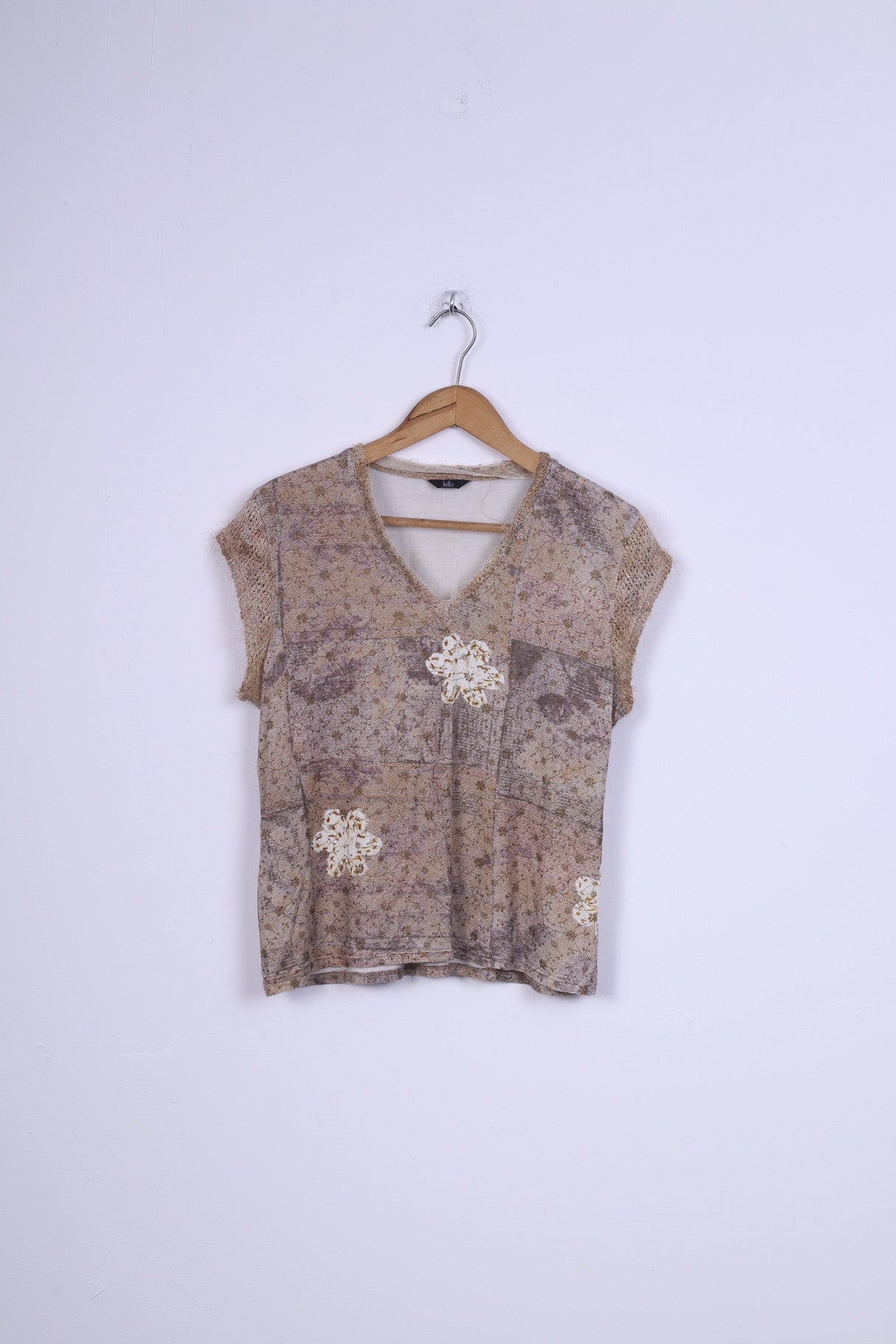 Camicia Kello da donna M con scollo a V e fiori senza maniche Beige