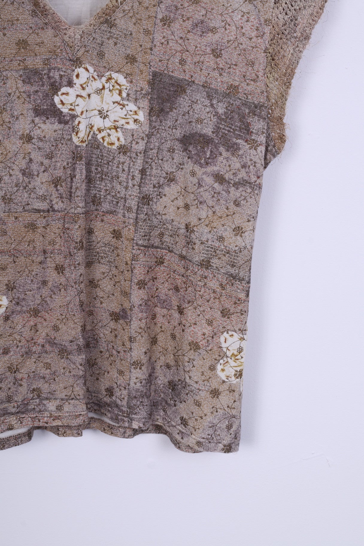 Camicia Kello da donna M con scollo a V e fiori senza maniche Beige