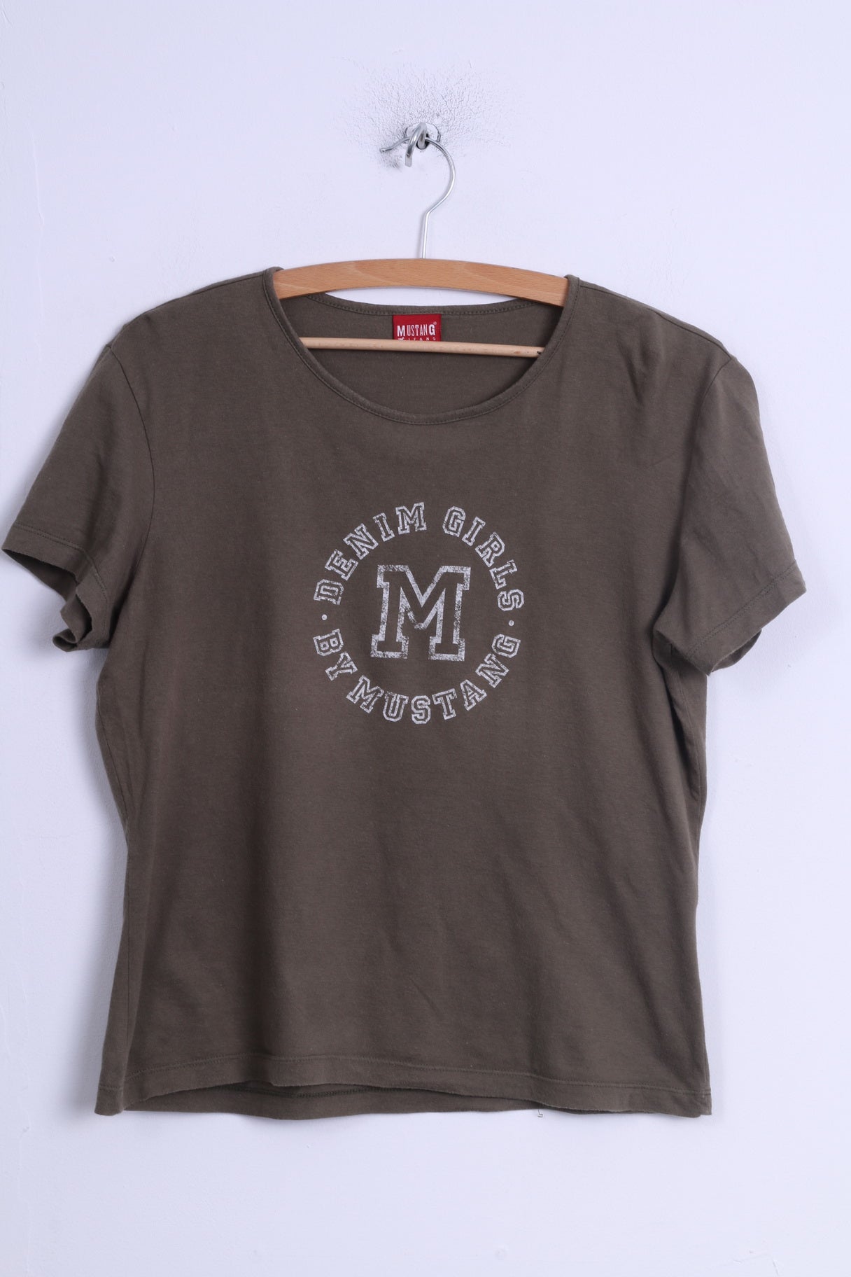 Mustang Jeans Maglietta da donna a L Top corto con grafica girocollo in cotone verde