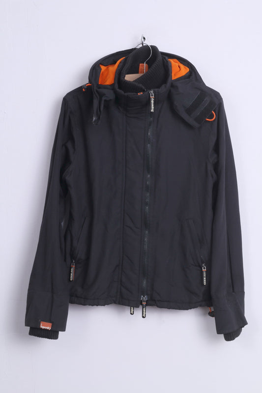 Superdry Womens L (M) Jacket Black Nylon Orange Details 3 Zippers Windcheater