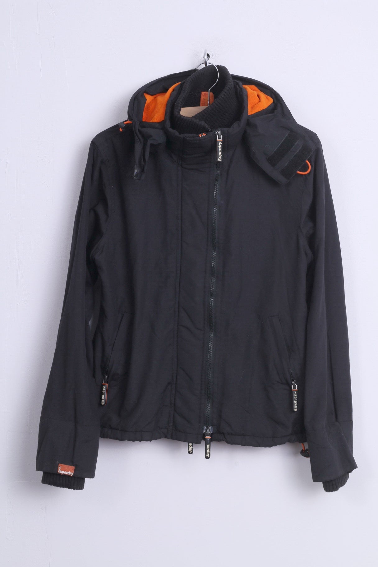 Superdry Femme L (M) Veste Noir Nylon Orange Détails 3 Fermetures éclair Coupe-Vent