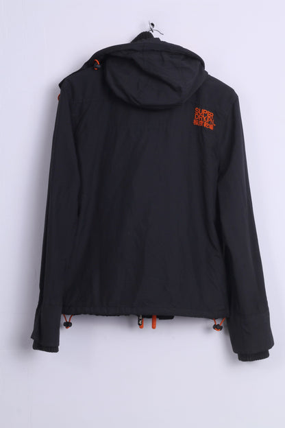 Superdry Femme L (M) Veste Noir Nylon Orange Détails 3 Fermetures éclair Coupe-Vent