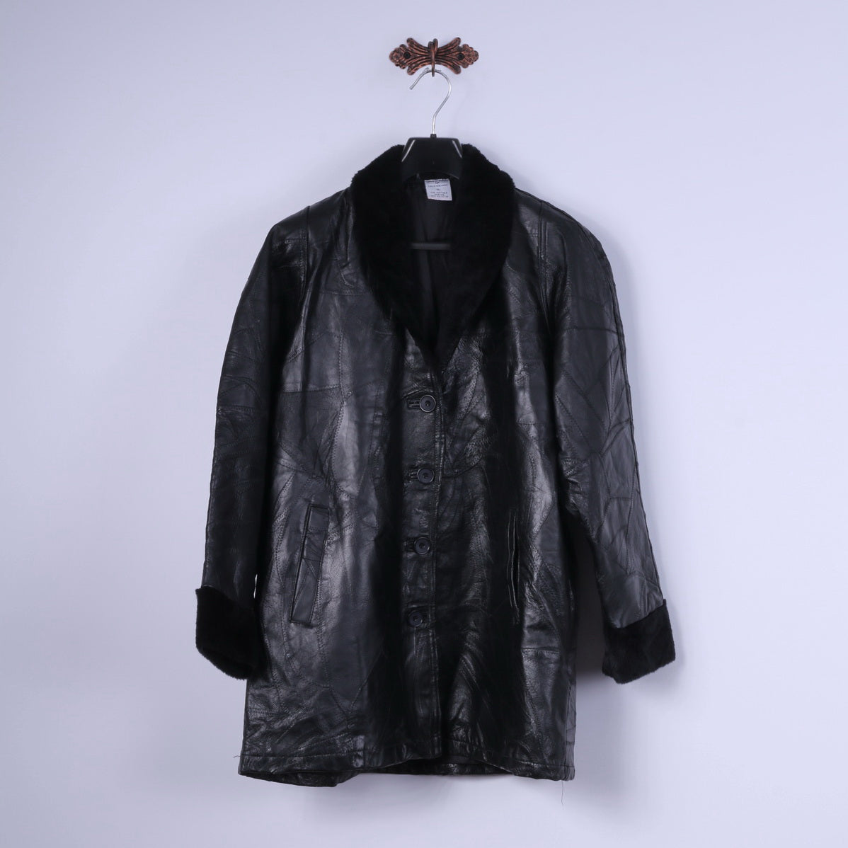Anne De Lancay Women XL Jacket Black Leather Vintage Cuir Veritable Doublure Single Breasted Coat