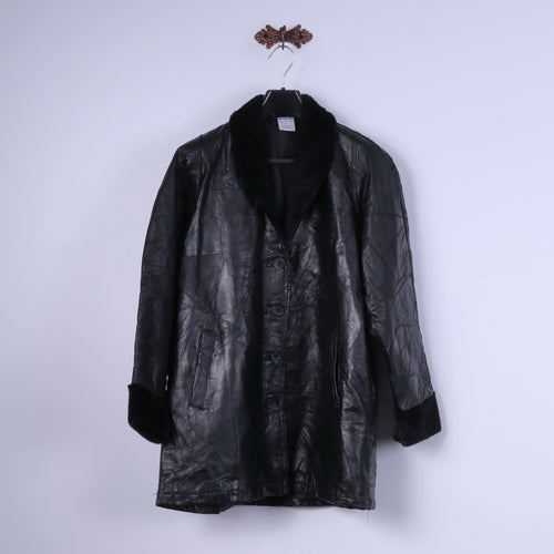 Anne De Lancay Veste XL Femme Cuir Noir Vintage Cuir Véritable Doublure Manteau Simple Boutonnage