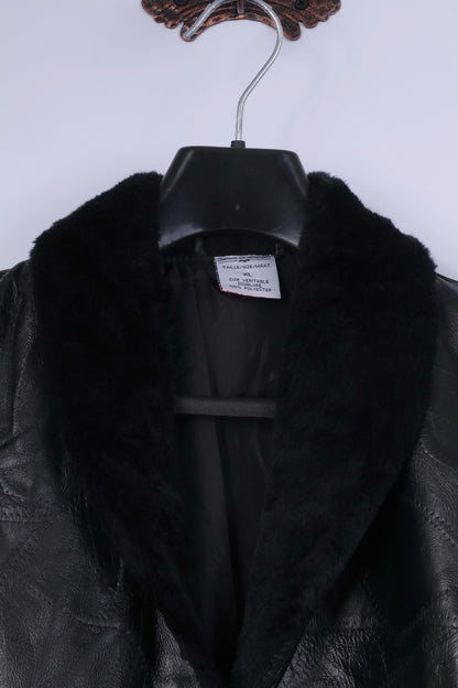 Anne De Lancay Veste XL Femme Cuir Noir Vintage Cuir Véritable Doublure Manteau Simple Boutonnage