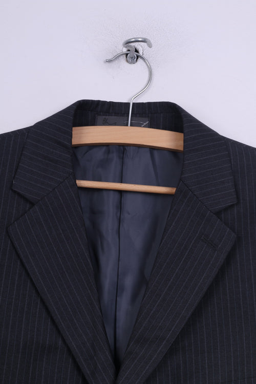 BHS Hommes 42 M Blazer Veste Courte Rayé Gris Épaulettes Simple Boutonnage 