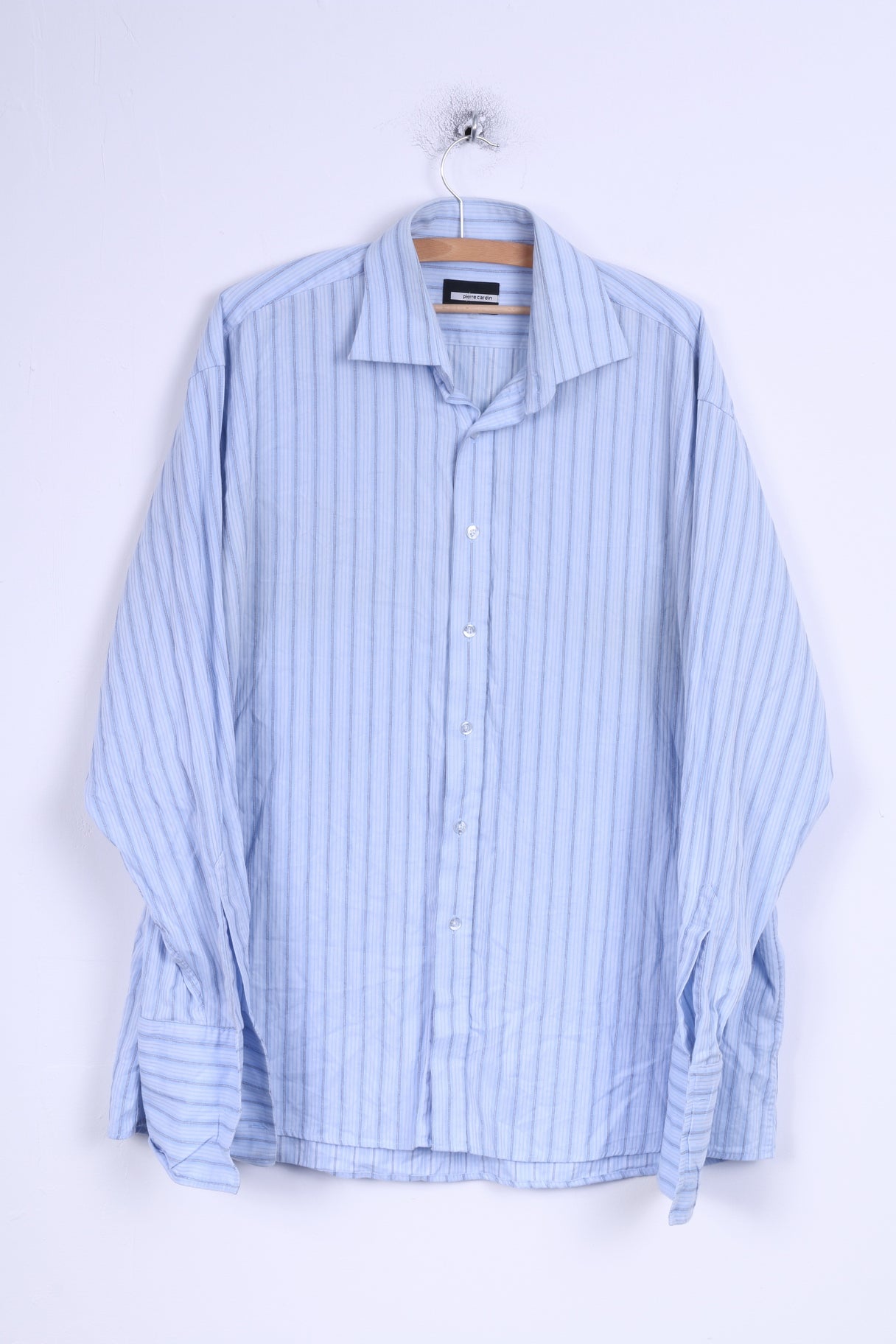 Pierre Cardin Mens 17 43 XL Casual Shirt Blue Cuffs Striped Cotton Detailed Buttons