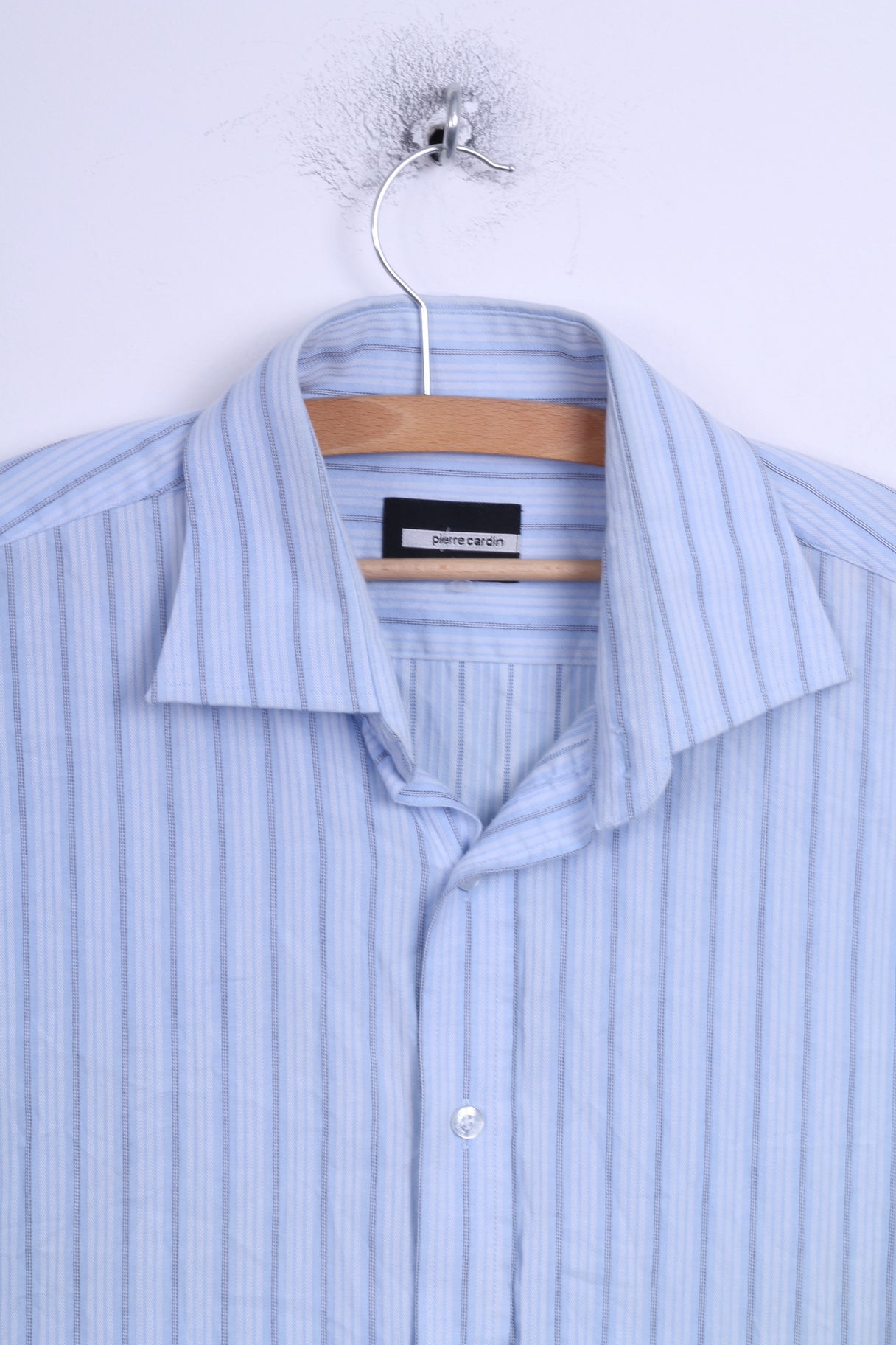 Pierre Cardin Camicia casual da uomo 17 43 XL Polsini blu Bottoni dettagliati in cotone a righe