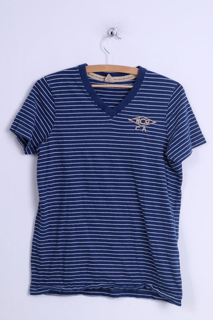 Hollister California Womens M T-Shirt Blue Striped Cotton V Neck Marine Top