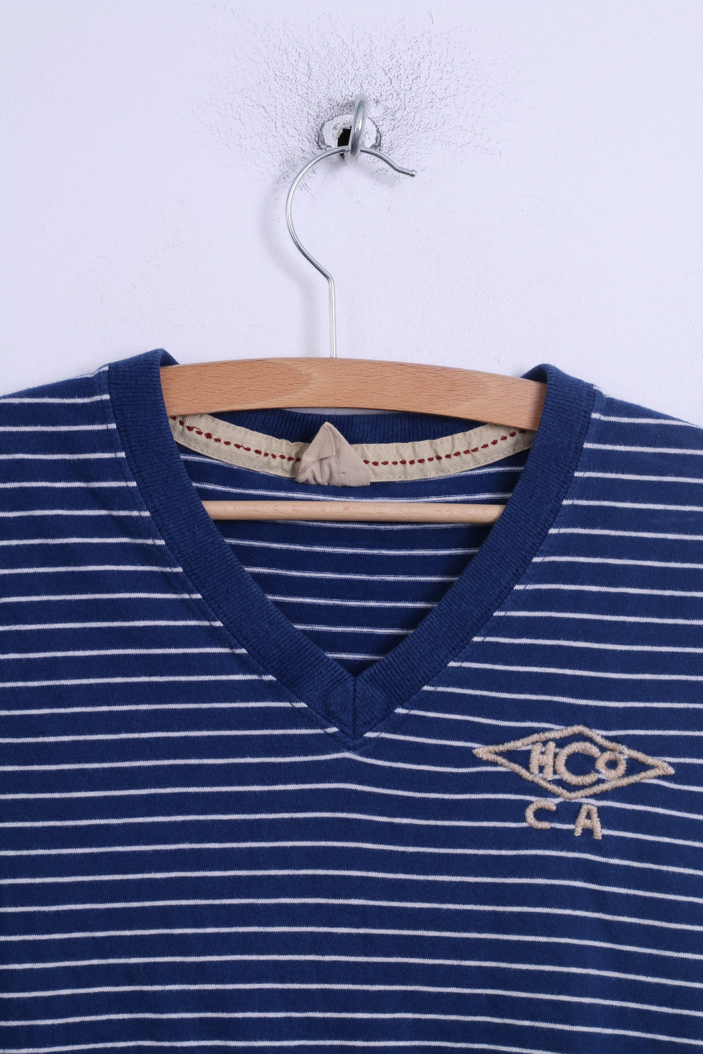 Hollister California Womens M T-Shirt Blue Striped Cotton V Neck Marine Top