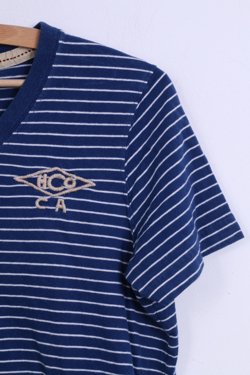 Hollister California Womens M T-Shirt Blue Striped Cotton V Neck Marine Top