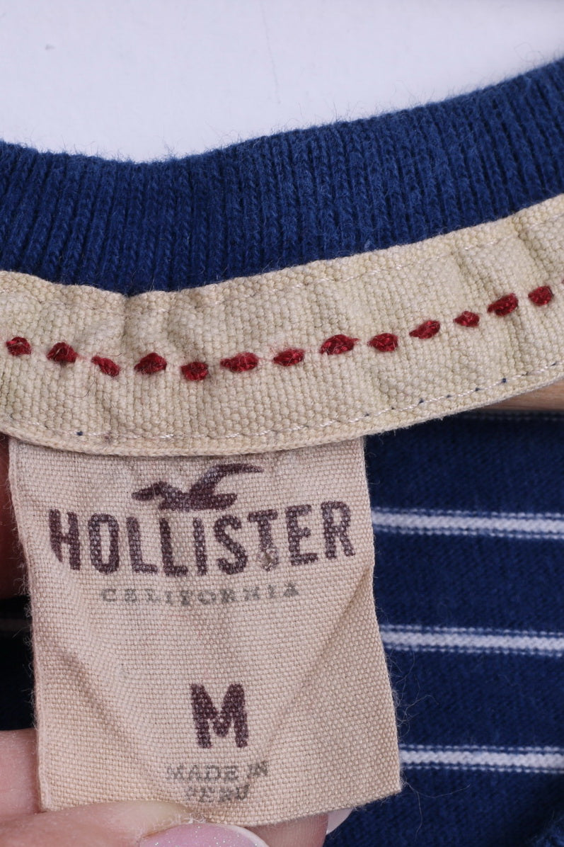 Hollister California Womens M T-Shirt Blue Striped Cotton V Neck Marine Top