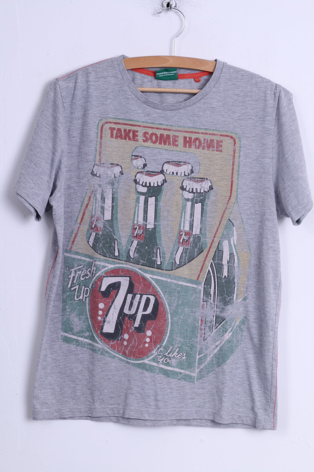 Next Mens M (S) T-Shirt Grey Cotton Graphic 7 Up Seven Up Drink