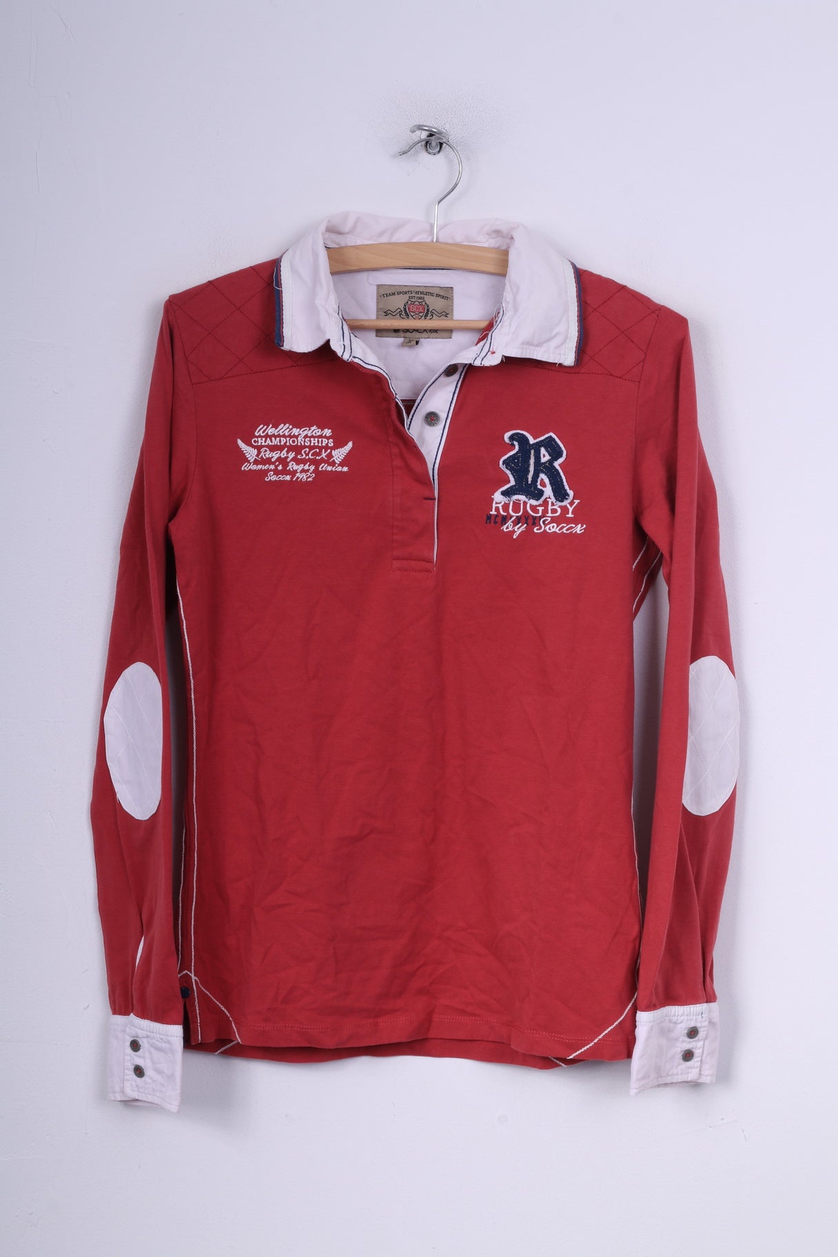 Soccx Womens 38 M Polo Shirt Long Sleeve Paches Rubgy Team Sports Red Top