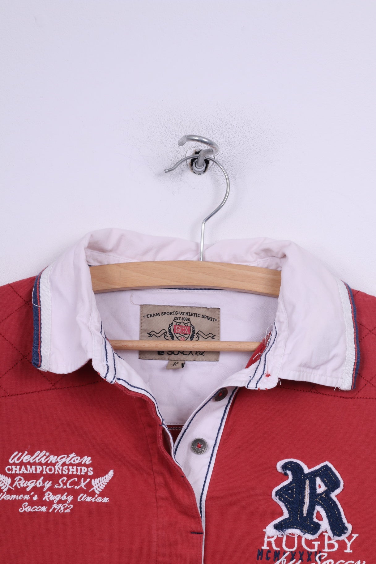 Soccx Womens 38 M Polo Shirt Long Sleeve Paches Rubgy Team Sports Red Top