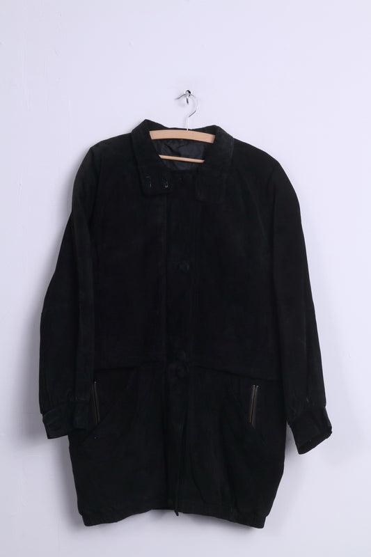 C&A Womens 38 M Jacket Vintage Black Suede Long Zippered Shoulder Pads