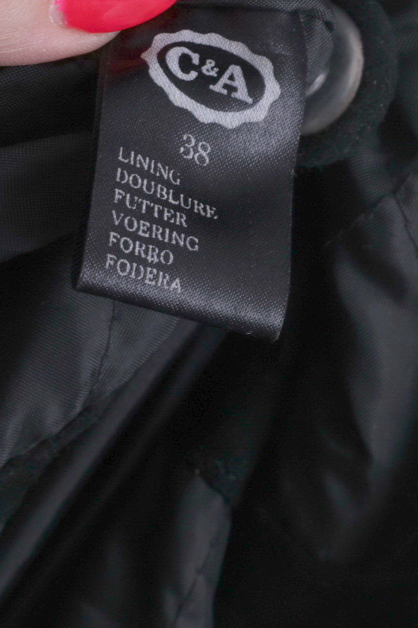 C&A Womens 38 M Jacket Vintage Black Suede Long Zippered Shoulder Pads
