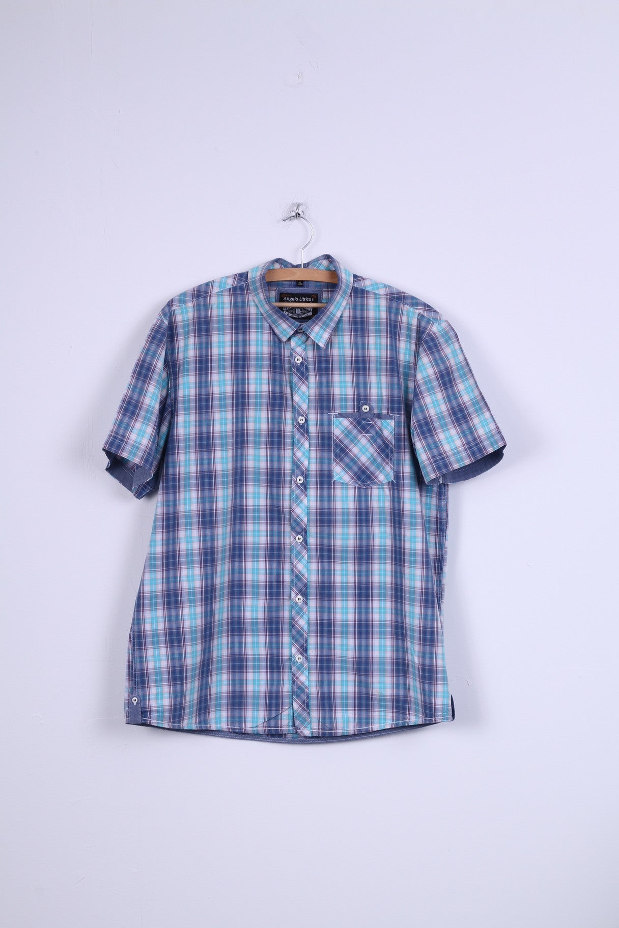 Angelo Litrico C&amp;A Chemise décontractée XL en coton à carreaux à manches courtes Bleu